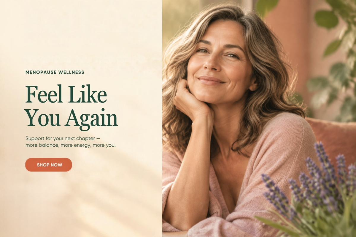 Feel Like You Again – smiling woman in a pink cardigan with lavender. Shop VEYORA menopause wellness guides.